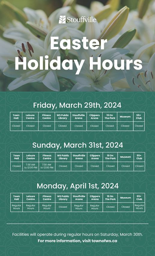 easter holiday hours listed in chart with green background