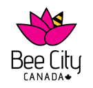 bee city canada logo with pink flower and bee