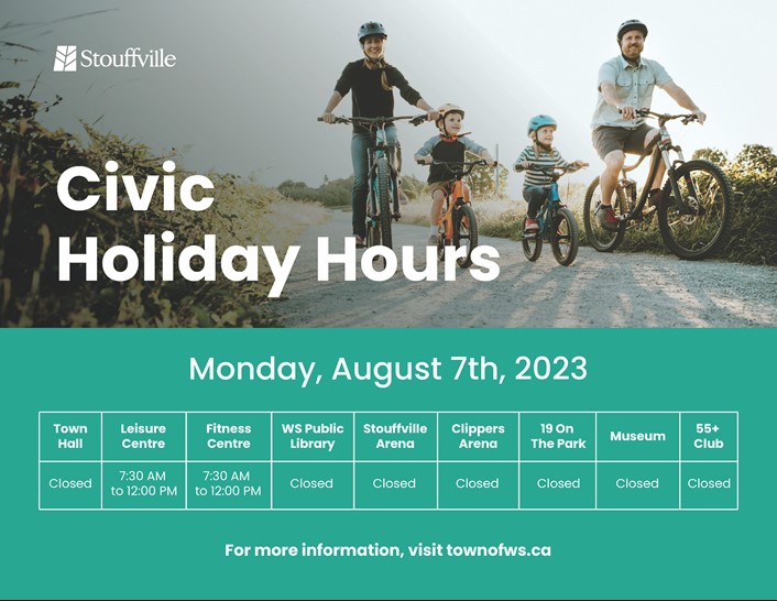 Civic Holiday facility hours in a chart with picture of family of four riding bikes